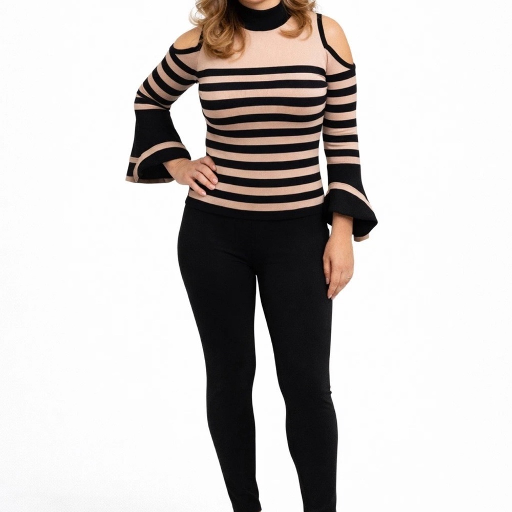 Macy’s Thalia Sodi Striped Cold Shoulder Blouse M Bell Sleeve Black Beige